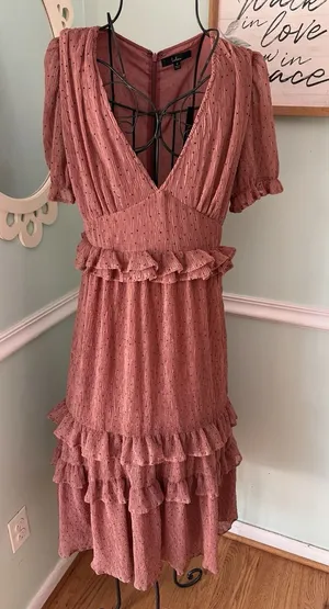 Lulu's Wedding Boho Hippie Western‎ Rust Textured Short Sleeve Midi Dress thumbnail 1