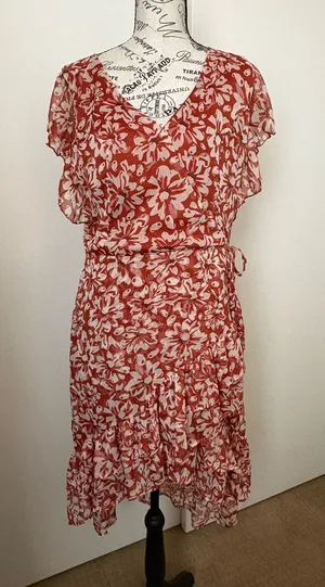 Floral Rust Tie-Waist Midi Dress with V-Neck thumbnail 1