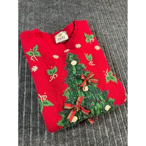 Vintage 90s Christmas Sweater TIARA Women L Red Tree Embroidered‎ Embellished thumbnail 16