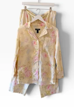 Lauren Ralph Lauren Blue Yellow Pink Floral Embroidered pajama set SZ M #2670 thumbnail 1