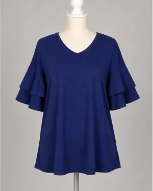 Yesfashion Navy Blue V-Neck Top Double‎ Layer Ruffle Short Sleeve Blouse Medium thumbnail 1