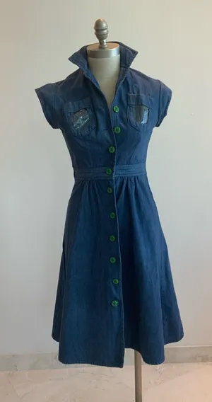 Vtg 70’s Navy Blue Button-Front Fit & Flare Denim Dress sz sm thumbnail 1