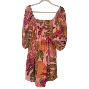 Kourt Tropical Leaf Puff‎ Sleeve Mini Dress Pink Orange Multicolor Size S NWT thumbnail 3