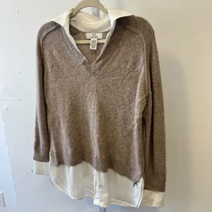Magaschoni 100% Cashmere Layered Look‎ V-Neck Sweater Taupe White Trim Large thumbnail 3