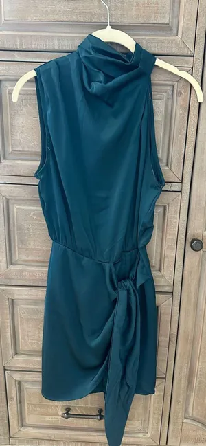 Hello Molly Mini Dress Teal Ruched Satin thumbnail 1