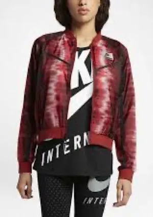 Nike International Women’s Sheer Mesh Bomber Jacket Red Black Size S thumbnail 1