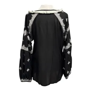 Karina Grimaldi Size L Blouse Top Bohemian Embroidered Boho Long Sleeve Fringe thumbnail 2