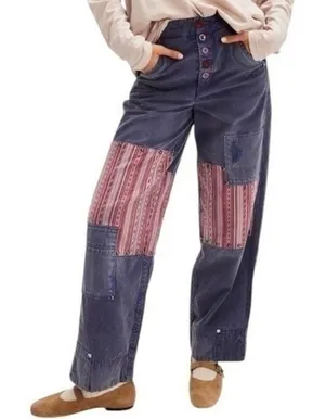 RARE Free‎ People La Vie Patched Patchwork Studded Blue Pants / Jeans Boho 4 S thumbnail 1