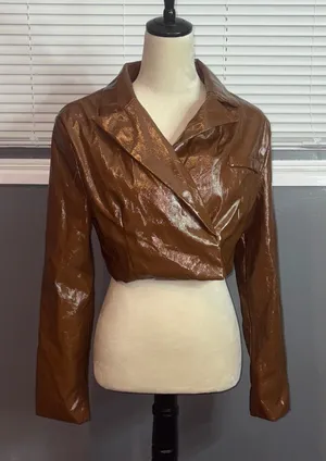 Forever 21 Chocolate Brown Faux Leather Cropped Blazer | Y2K 90s Vintage Inspired | Size thumbnail 1