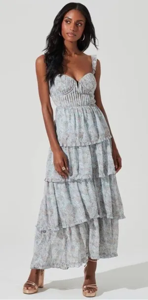 ASTR Pale Blue Floral Tiered Sweetheart Maxi Boho Dress Flutter Straps Size S thumbnail 1