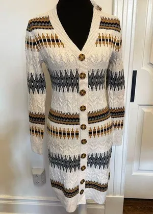 Lucky Brand Fair Isle Nordic Stripe Button Front Sweater Dress Cream NEW thumbnail 1