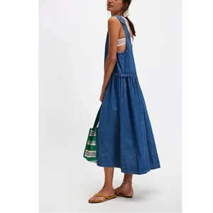 Free People XL Retro 90s Soraya Light Denim Sky Drop Waist Midi Jumper Dress thumbnail 5