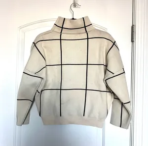 Cream Turtleneck Sweater with Black Grid Pattern White thumbnail 1