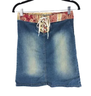 Picasso Style Jean PSJ Womens Skirt Denim Y2K Vintage Lace Up Modest S thumbnail 1