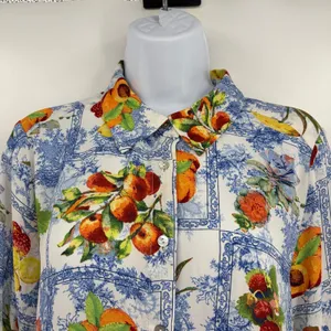 Rose + Olive Fruit Toile Button Shirt Sz L Euro Summer Cottage Resort Peaches thumbnail 3