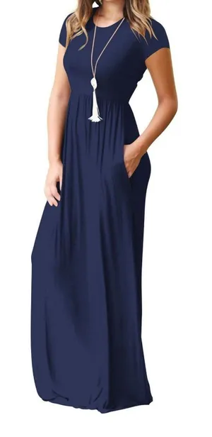 Women's Navy Blue Short Sleeve Maxi Dress with Pockets thumbnail 1