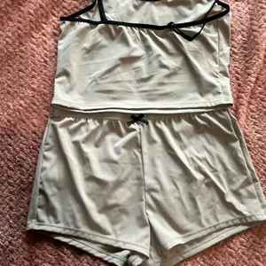 Cream and Black Pajama Set with Soft Fabric and Minimalist Design Bottoms+Top thumbnail 1