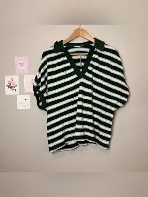Madewell striped fall pumpkin patch casual preppy green white knit polo top L thumbnail 2