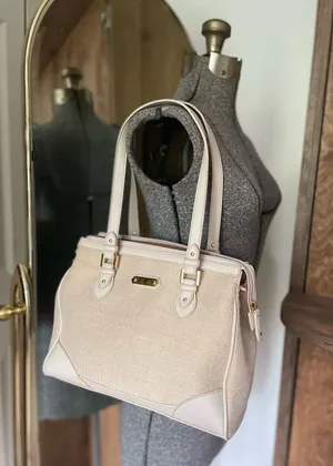 Vintage Etienne Aigner Bone leather and woven jute double handled satchel thumbnail 1