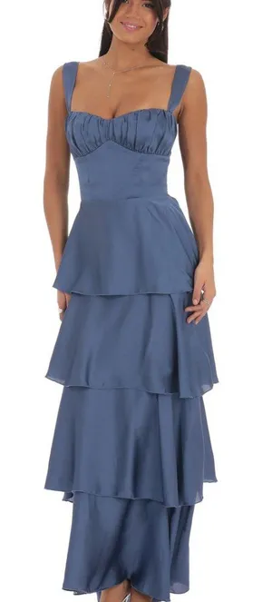 Lucy in the Sky Satin Ruffle Maxi Dress in Slate Blue Size Large thumbnail 1