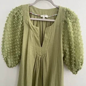 NEW Umgee Olive Green Swiss Dot Mini Dress Puff Sleeve MEDIUM Boho thumbnail 6