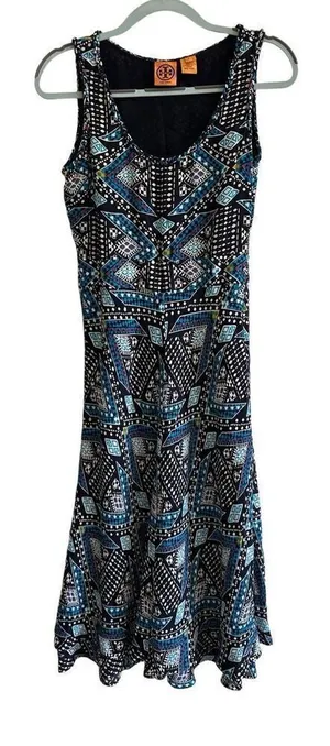 Tory Burch Camilla Dasha Silk Blue and Black Print Dress Size 4 thumbnail 1