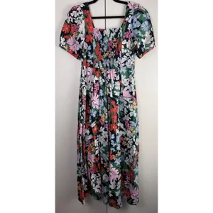 Old Navy Blue Floral‎ Puff Sleeve Smocked Back Midi Dress Pockets Medium Cottage thumbnail 2