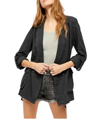 NEW Free People Linen Blend Charly Blazer SIZE MEDIUM MIDNIGHT NWT thumbnail 3