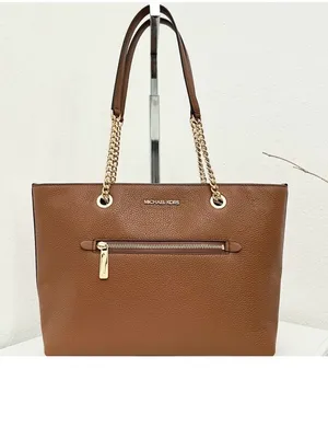Michael Kors Cognac Pebbled Leather Tote with Gold Chain Straps zipper closure thumbnail 14