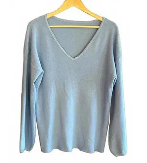 Womens Knit Sweater Medium Blue V-Neck Pullover Long Sleeve Cozycore thumbnail 1
