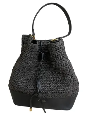 Lauren Ralph Lauren Black Woven Straw Bucket Bag Faux Leather Trim Drawstring thumbnail 1