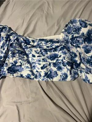 Abercrombie & Fitch Blue Floral‎ Puff Sleeve Crop Top Smocked Pleated L thumbnail 11