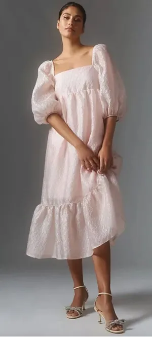 Anthropologie Pink Textured Puff Sleeve Dress Small thumbnail 1