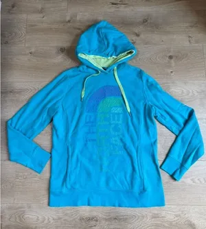 Womens The North Face pullover hoodie blue green logo outdoors hiking size L thumbnail 1