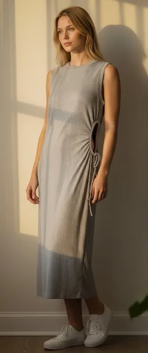 Abercrombie & Fitch Ribbed Sleeveless Maxi Midi Dress Womens Large Cutout Tie thumbnail 1