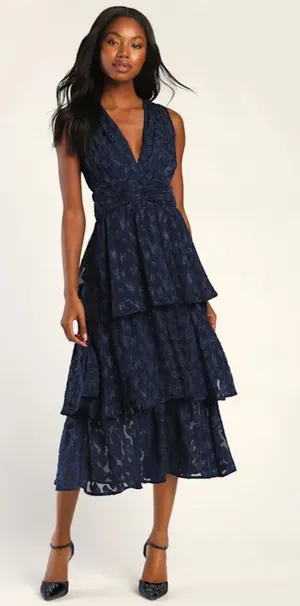 Lulus Make It Mesmerizing Navy Blue Jacquard Tiered Midi Dress thumbnail 1