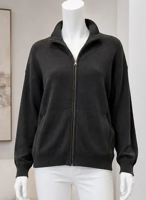 Pact Women Cardigan Full Zip Mock Neck Organic Cotton Black M thumbnail 1