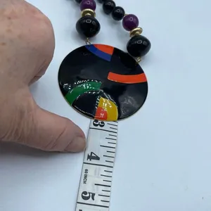 Vintage enamel disk beaded bold abstract necklace. Black thumbnail 8