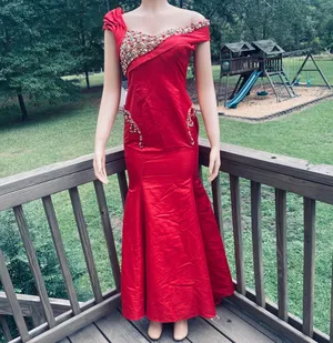 Elegant Red Off-Shoulder Evening Gown with Crystal Detail thumbnail 3