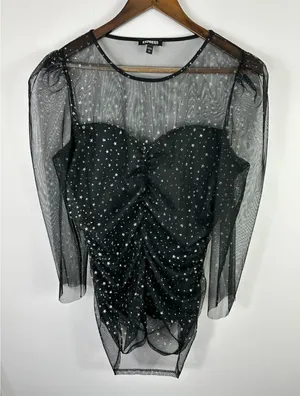 Express Black Celestial Star Ruched Top Sheer Long Sleeve Whimsigoth Y2K Indie‎ thumbnail 1