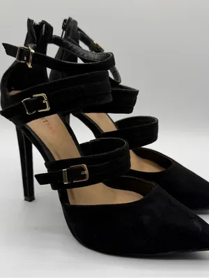 JustFab Kamryn Heels 7.5 Black Strappy Pointed Toe Stiletto Buckle Goth thumbnail 1
