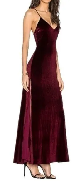 NBD Women’s S Burgundy Wine Velvet In the Deep Slit Sides Low Back Maxi Dress thumbnail 1