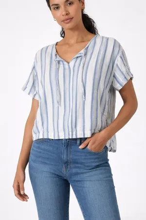 Lauren Ralph Lauren Blue Striped Blouse Coastal Preppy Cotton Gauze Womens Small thumbnail 1