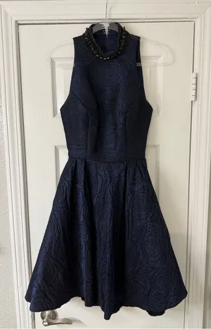 Sherri Hill Navy Halter Fit & Flare Cocktail Dress with Beaded Collar Size 6 Y2K thumbnail 1