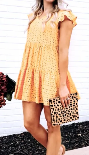Peach color eyelet babydoll mini dress - small thumbnail 1