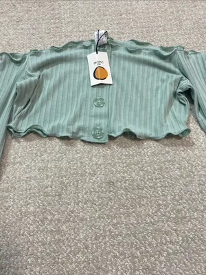 Ribbed Off-Shoulder Button Crop Top in Sage Green Size S Shell 91% Tencel thumbnail 3