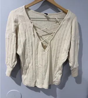We The Free Cream Ribbed Knit Lace Up V Neck Long Sleeve Top Sz S W thumbnail 1