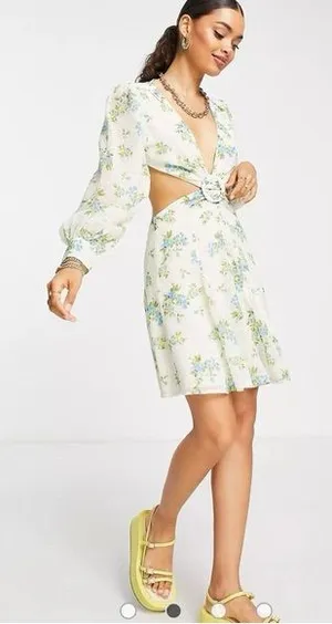 ASOS Petite Cream Mini Dress with Blue and Green Floral Print and Ring Cutout thumbnail 1