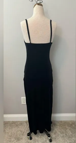 Rave City Vintage Black velour velvet bodycon slit spaghetti strap dress medium thumbnail 4