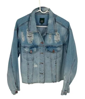 Wild Fable Womens Distressed Long Sleeve Button Denim Jean Jacket‎ Blue Large thumbnail 1